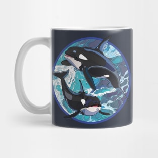 Oceanic Elegance: Stained Glass Style Circle Design T-Shirt with Two Orcas Mug